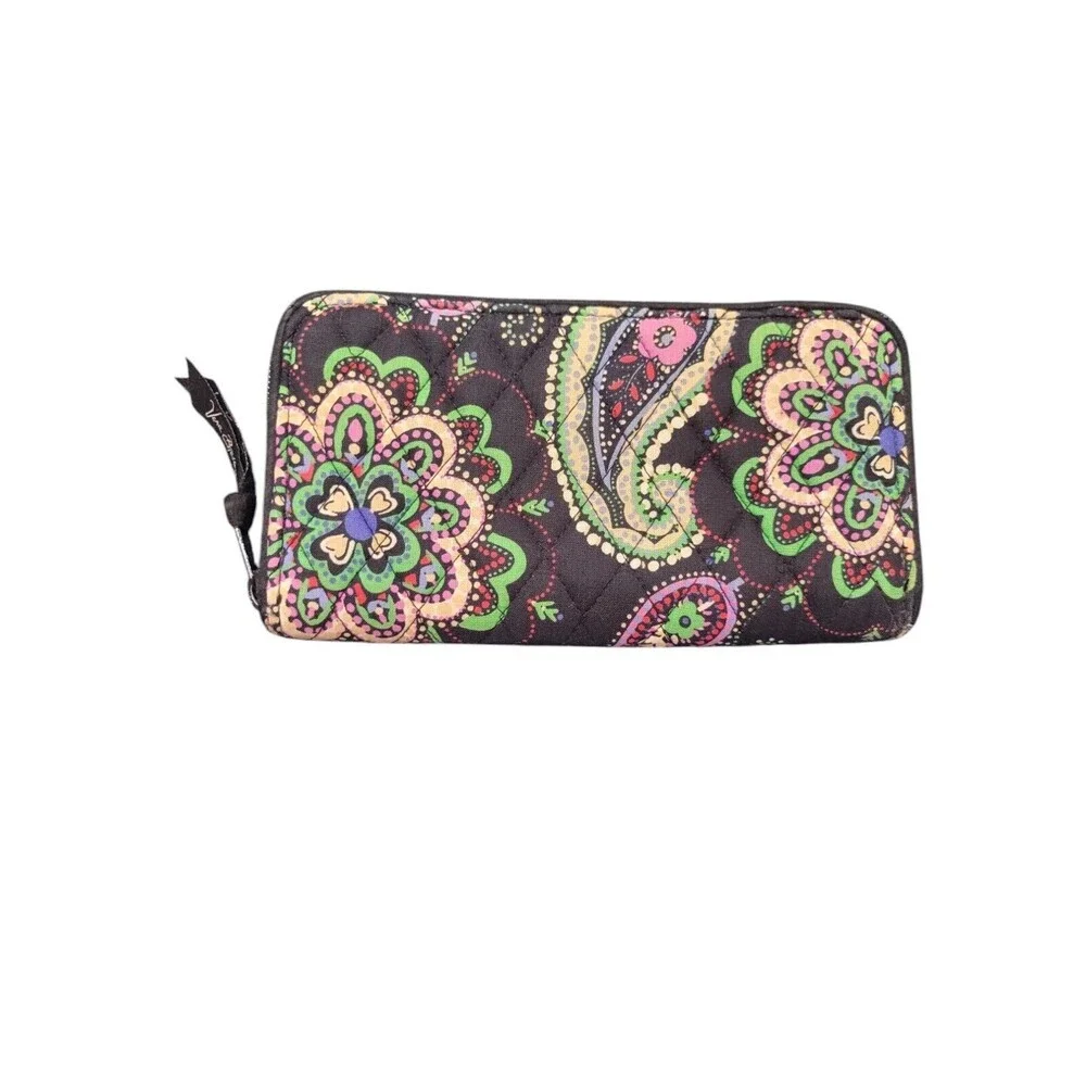 Vera Bradley Womens Wallet Zip Around Black Purple Green Kiev Paisley Quilted